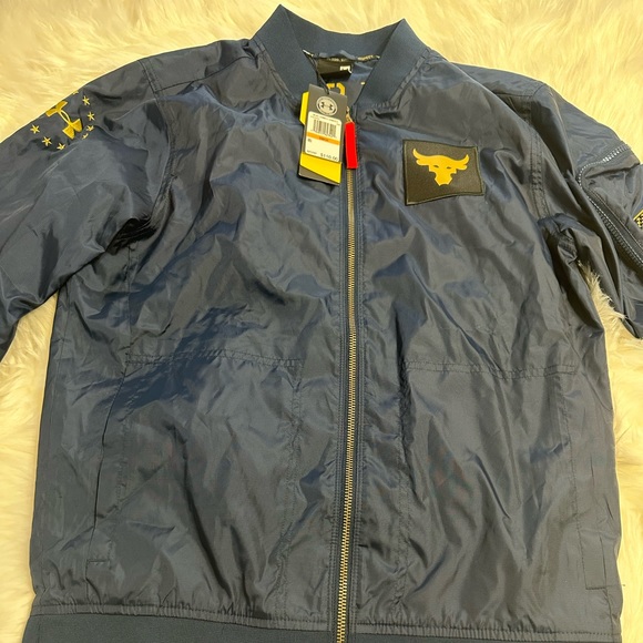 Under Armour Project Rock Amal Blue Freedom Storm Bomber Jacket Mens 1350992 408